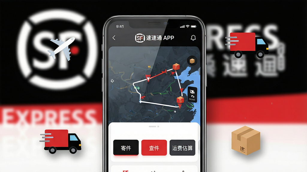主体:顺丰速运通APP界面在手机屏幕上展示,背景为顺丰标志性的黑色与红色搭配,屏幕中显示快递轨迹地图和包裹图标。布局:手机居中,周围环绕简洁的物流元素图标,如飞机、货车、包裹。排版:界面UI清晰,功能模块分明,展示“寄件”、“查件”、“运费估算”等按钮。风格:现代科技感,扁平化设计,色彩对比鲜明。细节:屏幕反光自然,阴影柔和,背景虚化处理。画质:8K超清,干净,无多余元素。
