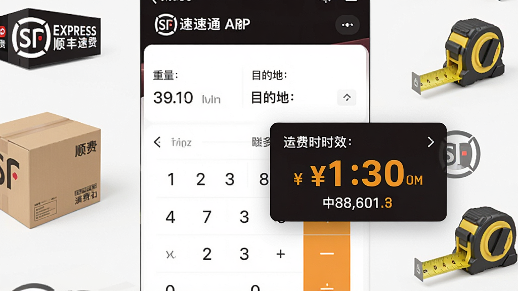 主体:顺丰速运通APP的运费计算界面,显示输入重量和目的地后自动生成的运费金额与时效。布局:计算器表单居中,结果以卡片形式弹出。排版:数字字体加粗,颜色醒目。风格:简洁商务风。细节:背景有顺丰快递箱和卷尺图案。画质:8K高清,干净无多余元素。