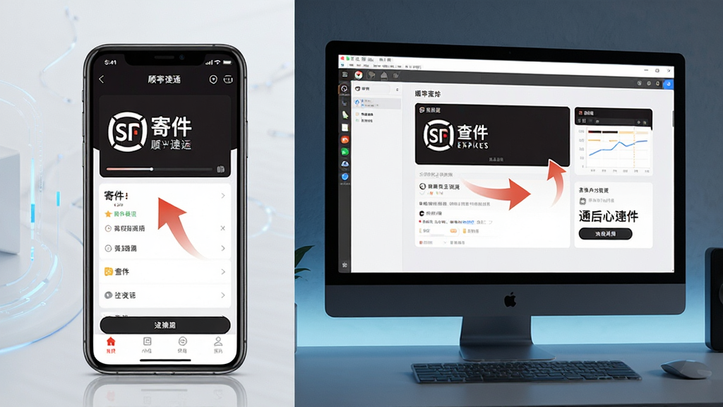 主体:手机与电脑并排展示顺丰速运通使用场景,手机显示APP界面,电脑显示模拟器界面。布局:左右分屏式,手机在左,电脑在右。排版:界面内容突出“寄件”、“查件”等关键词。风格:写实与科技感结合。细节:屏幕上有操作提示箭头。画质:高清,干净无多余元素。