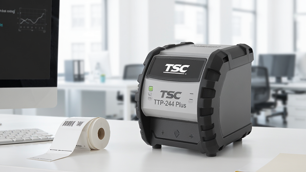 一张TSC TTP-244 Plus条码打印机摆放在整洁的办公桌上,旁边是电脑和待打印的标签纸,背景是模糊的现代化办公室环境,整体画面明亮清晰,突出打印机小巧坚固的机身,画质干净,无多余元素。