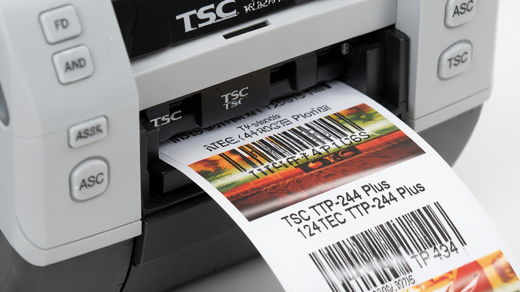 特写TSC TTP-244 Plus打印机正在高速输出一张带有清晰条码和文字的标签,打印头部分细节展现,标签纸上的图案锐利,色彩对比鲜明,背景简洁突出主体,画质细腻。