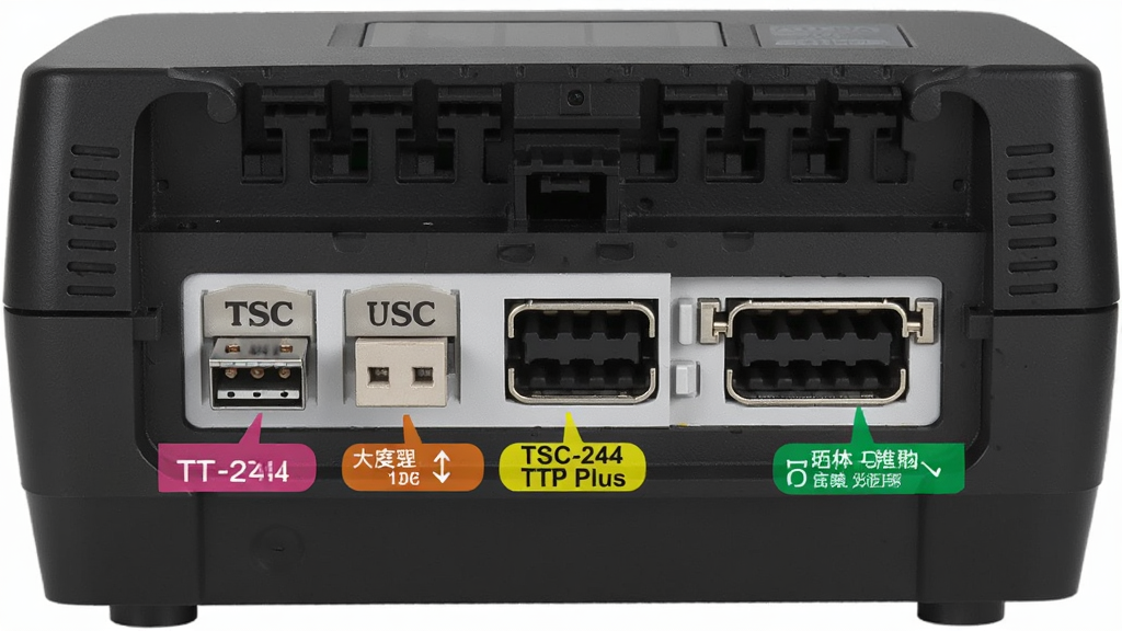 TSC TTP-244 Plus打印机背面接口区域特写,可以看到USB和并口等多种接口,用不同颜色的标签标注了接口名称,背景为纯色,整体构图专业清晰,画质干净。