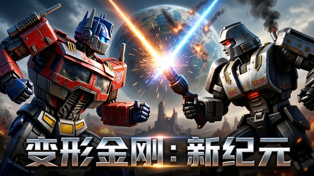 主体:《变形金刚:新纪元》游戏主视觉图,画面中央是擎天柱与威震天对峙的宏大场景,背景是战火纷飞的赛博坦星球。布局:采用对角线构图,擎天柱位于左侧,威震天位于右侧,双方能量武器交错,形成视觉张力。排版:画面下方三分之一处放置游戏LOGO“变形金刚:新纪元”字样,采用金属质感字体,配以光影特效。风格:写实科幻电影风格,高细节机械建模,动态光影渲染。细节:金属表面的划痕与磨损,能量火花飞溅,烟雾与粒子特效。画质:4K超清画质,光影层次丰富,干净,无多余元素。