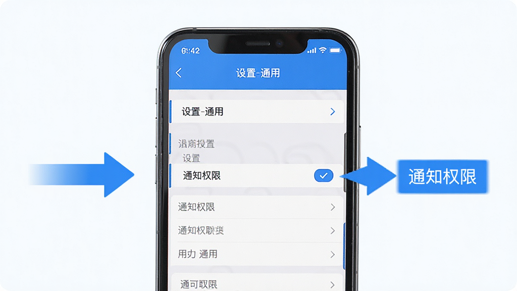 主体:想天智联使用指南插图,手机屏幕显示设置界面。布局:手机居中,周围有操作提示箭头。排版:界面简单清晰,设置项排列整齐。风格:简洁商务,蓝色点缀。细节:屏幕上可见“设置-通用”选项,箭头指向“通知权限”。画质:高清,明亮,干净无多余元素。