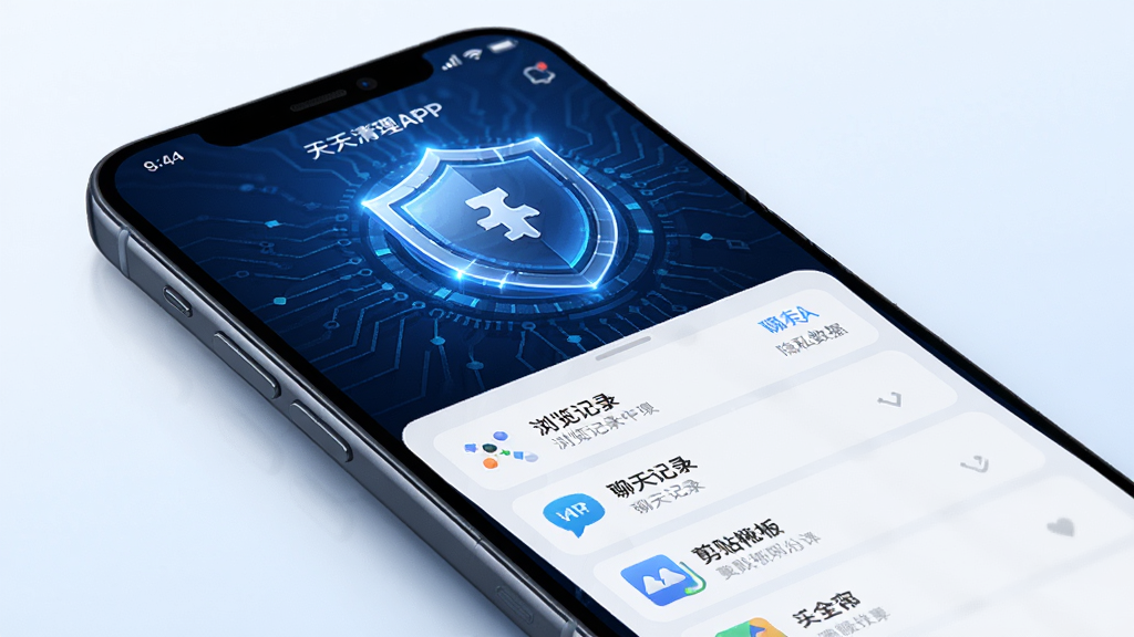 天天清理APP隐私清理界面,手机屏幕显示隐私保护盾牌图标和可清理的隐私数据类别,包括浏览记录、聊天记录、剪贴板等,背景为深蓝色科技风,盾牌发光,画质细腻,排版清晰,高质量渲染
