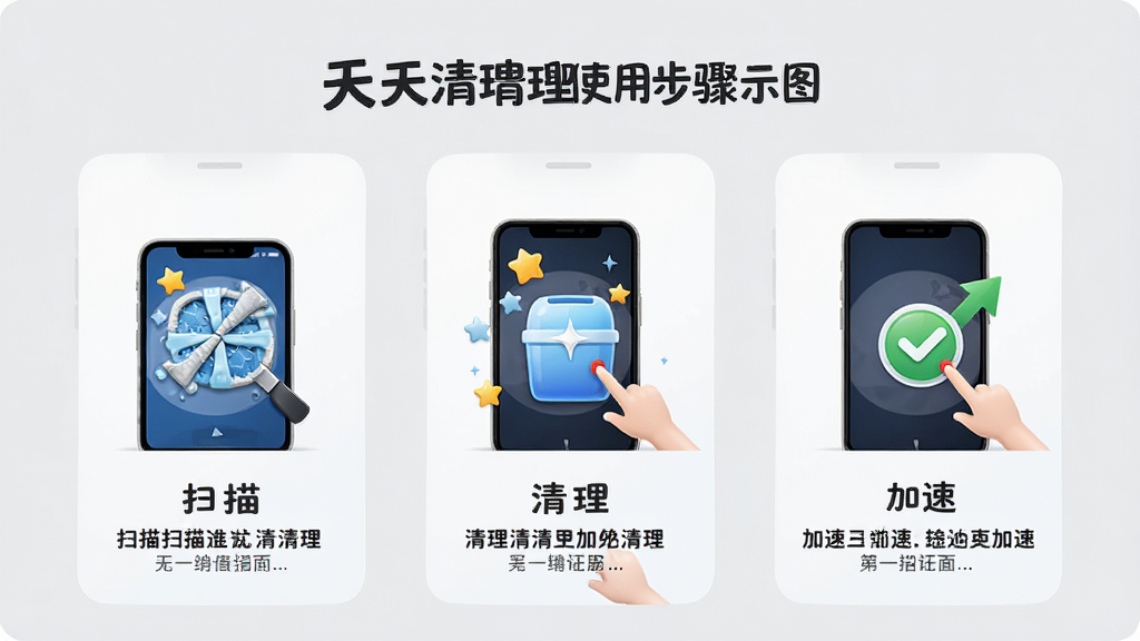 天天清理APP使用指南界面,手机屏幕展示清理步骤示意图,包括扫描、清理、加速三个阶段,每个阶段有配图说明,背景为浅灰色,界面简洁友好,高清渲染,干净无多余元素