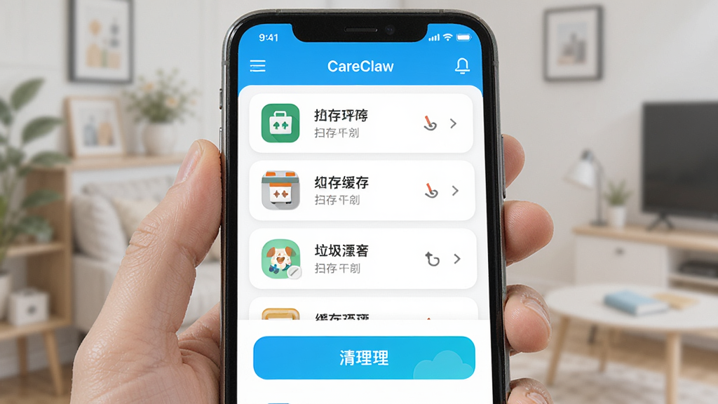 CareClaw 垃圾清理功能界面,手机屏幕显示扫描到的缓存文件列表和清理按钮,色彩明亮,图标清晰,界面整洁,风格简洁,细节精致,画质高清干净,无多余元素