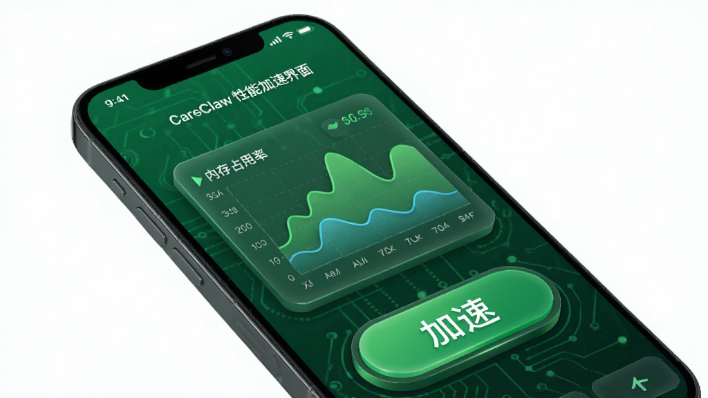 CareClaw 性能加速界面,手机屏幕显示内存占用率图表和加速按钮,背景为绿色科技风格,布局清晰,图表立体,风格现代,细节丰富,画质高清干净,无多余元素