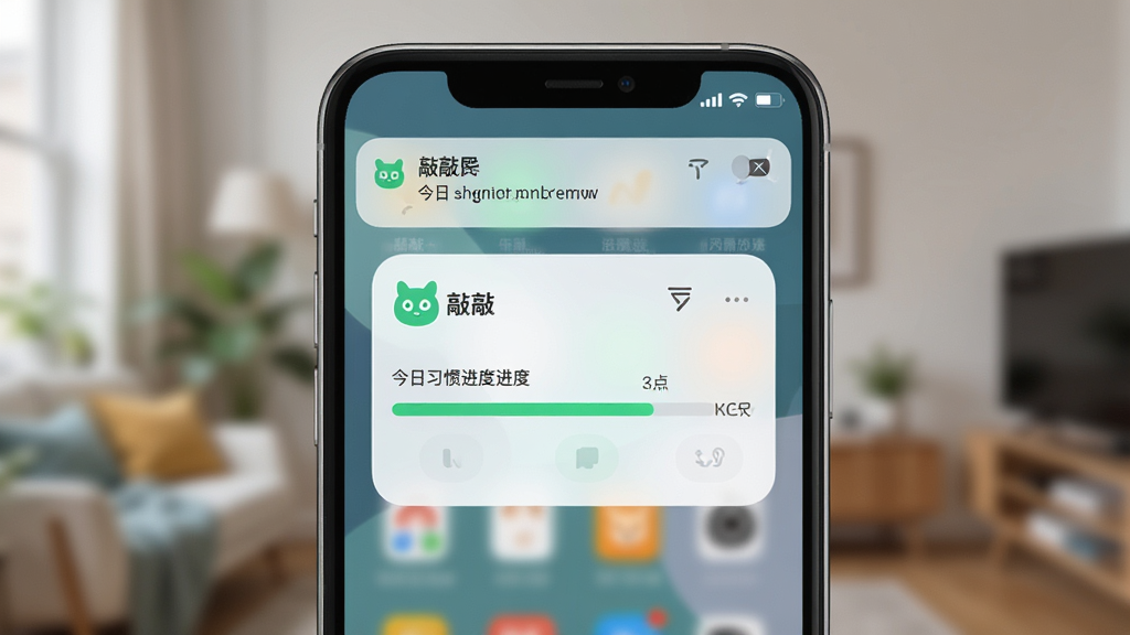 一张手机桌面截图,展示“敲敲”应用的小组件和通知栏提醒,小组件上显示今日习惯进度条,背景为抽象模糊的室内环境,布局以手机屏幕为主体,排版简洁,风格清新,细节明确,画质干净,无多余元素