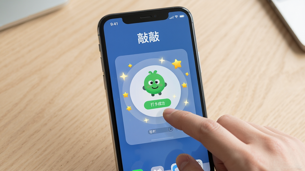 一张展示手指在手机屏幕上敲击的细节图,手机屏幕显示“敲敲”应用的打卡成功动画,周围有星星和光效,背景为浅木色桌面,布局以手机为主体,排版居中,风格写实,细节丰富,画质清晰,干净无多余元素