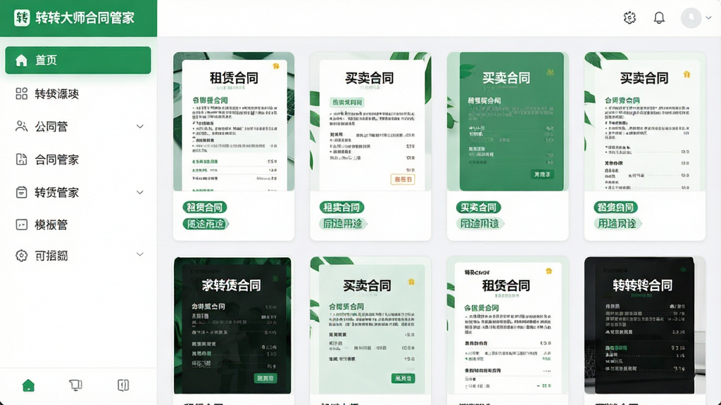 主体:转转大师合同管家的模板库界面,展示分类列表和多个合同模板缩略图。布局:界面左侧为分类导航,右侧为模板卡片网格。排版:模板卡片整齐排列,每个卡片显示合同名称和用途标签。风格:清新简洁,绿色和白色为主。细节:卡片上有“租赁合同”、“买卖合同”等字样,界面无杂乱元素。画质:高清,干净,无多余元素。