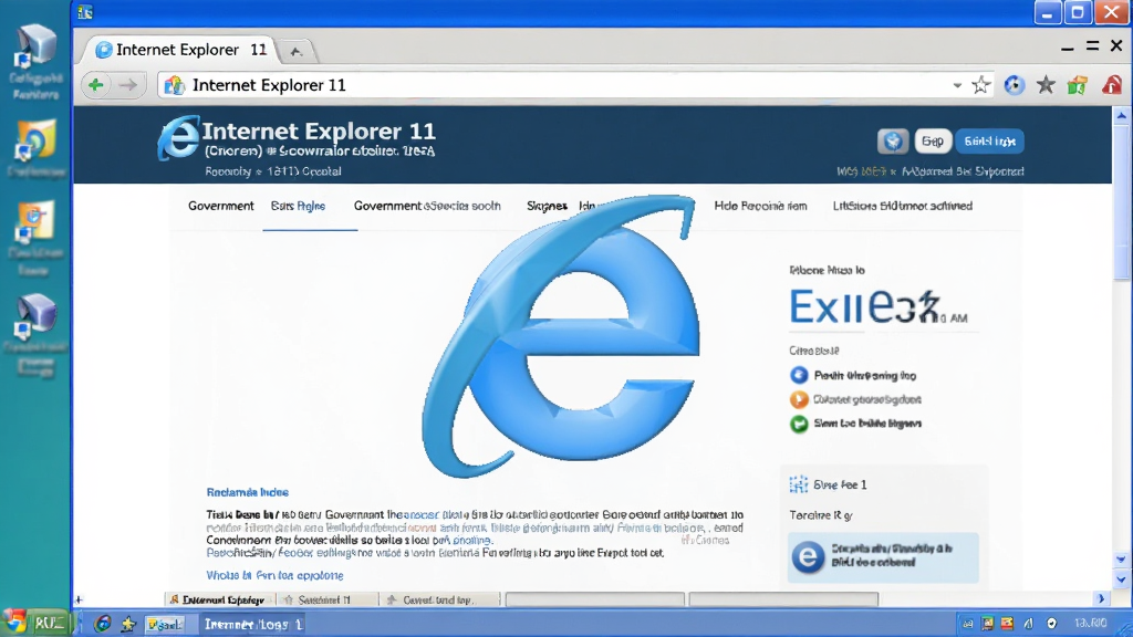 一张高清的Internet Explorer 11浏览器界面截图,蓝色e图标位于屏幕中央,背景为简洁的Windows桌面,浏览器窗口展示一个典型的政府或企业网页,布局清晰,排版工整,整体风格写实,画质干净,无多余元素