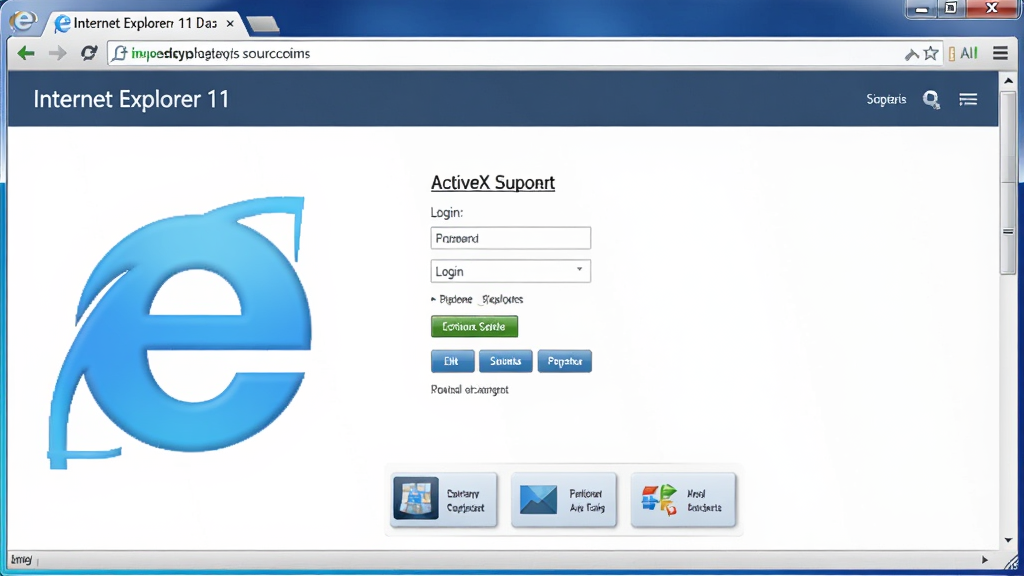 一张图片展示Internet Explorer 11浏览器成功打开一个带有ActiveX控件的企业管理系统页面,页面显示登录框和功能按钮,旁边有IE蓝色e图标,整体画面干净,布局清晰,风格写实,画质高清,无多余元素