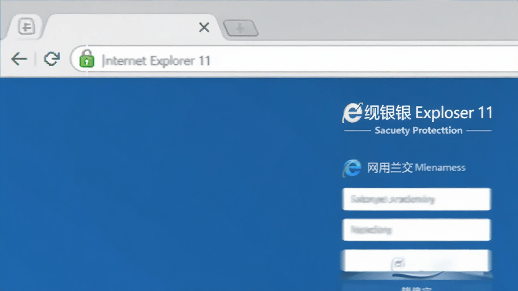 一张展示Internet Explorer 11安全防护功能的图片,浏览器地址栏左侧显示锁形图标,页面背景为一个安全的网银登录界面,整体风格简洁,颜色以蓝色和白色为主,画质干净,无多余元素