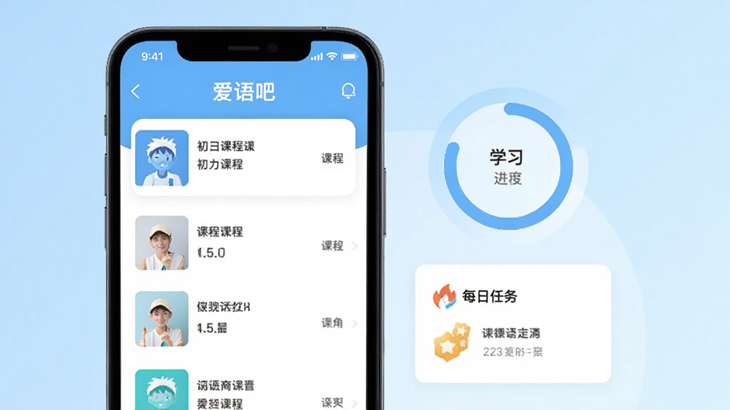 图片展示爱语吧初中英语APP主界面,手机屏幕上有课程列表、学习进度环、每日任务卡片,背景为浅蓝色渐变,整体风格清新简洁,界面元素排列整齐,文字清晰可读,画质干净无多余元素。