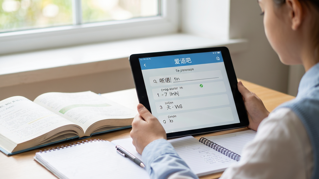 展示爱语吧初中英语使用场景,学生正在平板电脑上学习,屏幕显示单词听写界面,桌面摆放课本和笔记本,光线明亮,风格写实,画质干净。