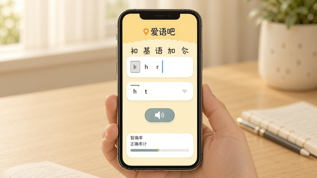 展示爱语吧初中英语智能听写页面,手机屏幕上显示单词拼写输入框,下方有发音按钮和正确率统计,背景为淡黄色,整体风格温馨,画质干净。
