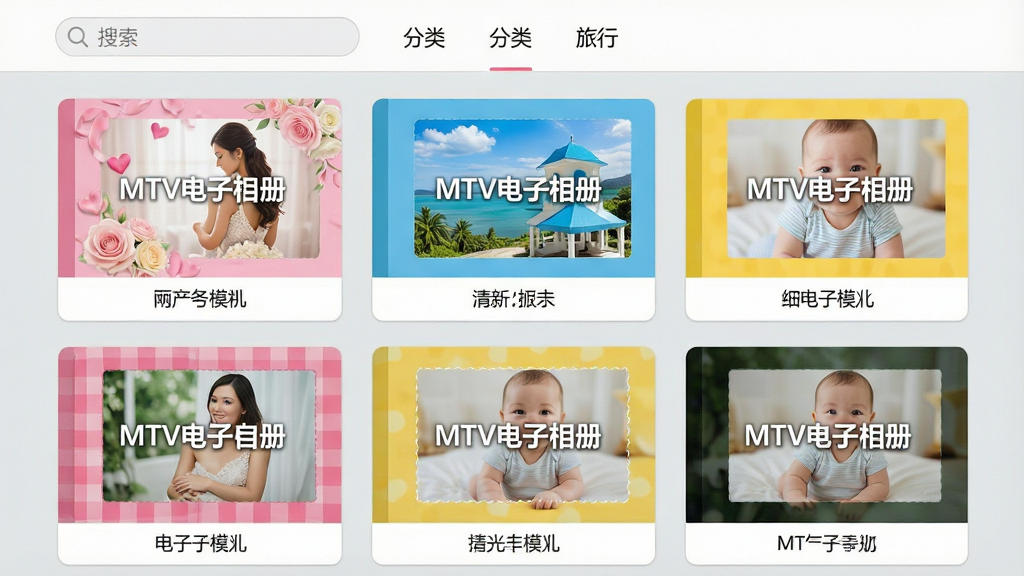 主体:MTV电子相册软件模板选择界面,展示多套不同风格的相册模板缩略图,有浪漫粉色系婚礼模板、清新蓝色系旅行模板、可爱黄色系宝宝模板;布局:网格状排列,每个模板卡片下方标注名称;排版:界面简洁,顶部有搜索栏和分类标签;风格:扁平化设计,色彩明亮;细节:卡片上显示“MTV电子相册”水印,背景为浅灰色;画质:高清,干净,无多余元素