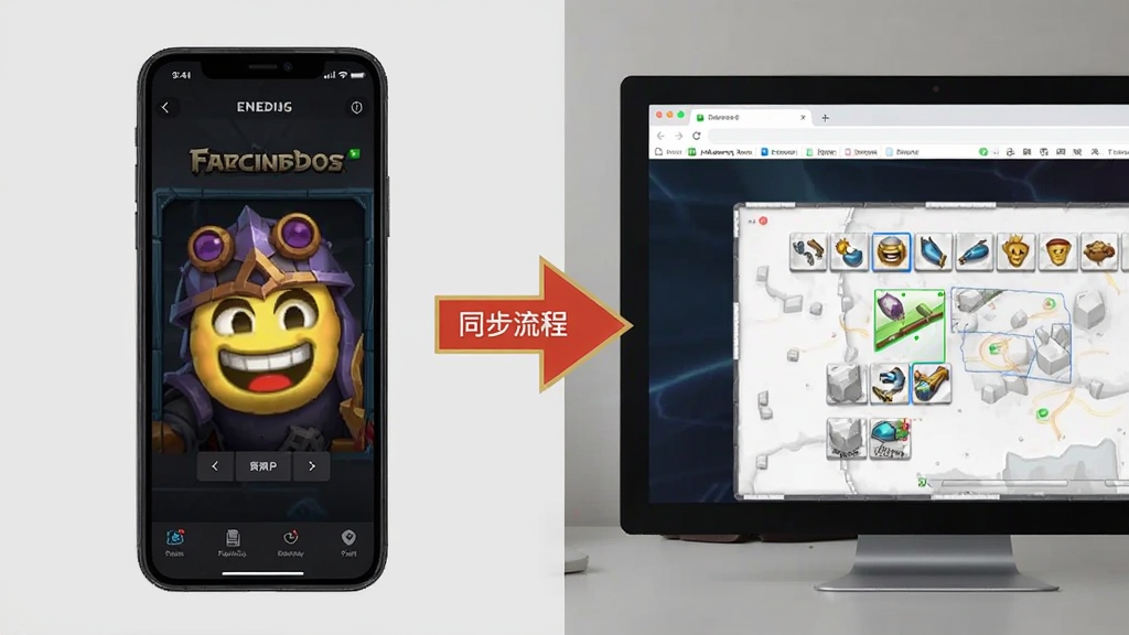 英雄联盟表情包使用教程截图,展示手机和电脑端操作对比,左边手机界面,右边电脑浏览器,中间箭头指示同步流程,背景为浅灰,风格简洁,细节清晰,画质干净