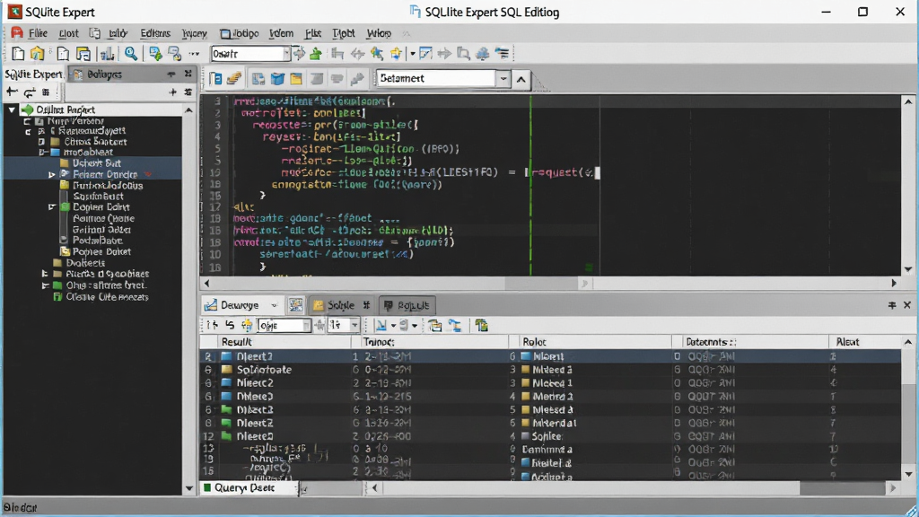 一幅展示SQLite Expert SQL编辑器的截图,编辑器窗口具有语法高亮,下方显示查询结果表格,左侧有数据库对象列表,整体风格专业,细节丰富,画质干净,无多余元素。