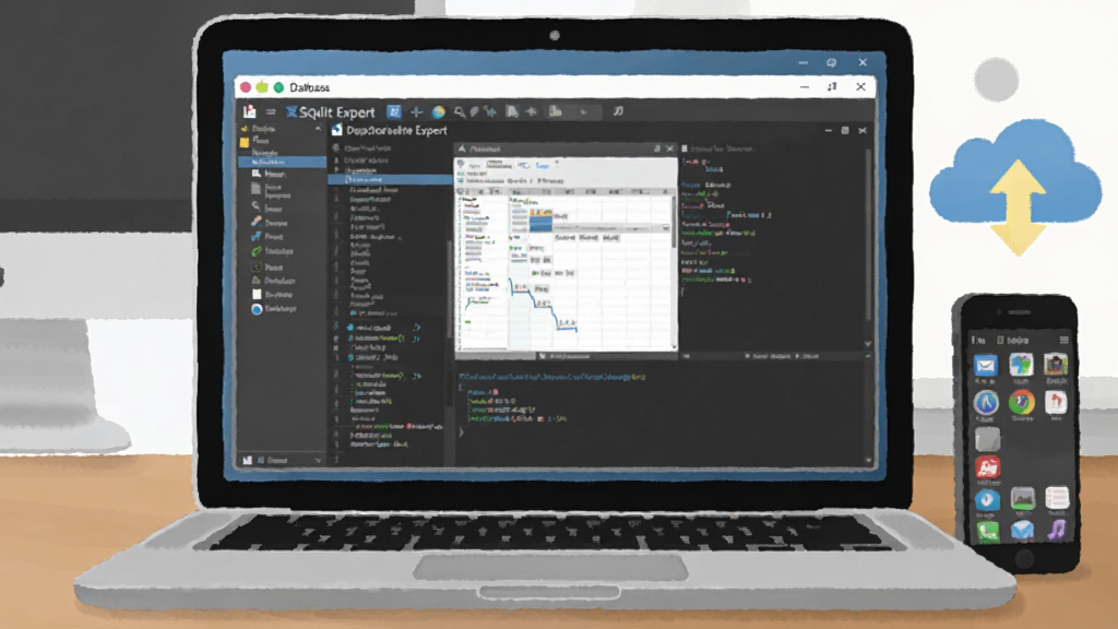 一幅展示SQLite Expert使用场景的插画,画面中一台笔记本电脑上运行着数据库管理软件,旁边有手机和云同步图标,背景为办公桌,风格简约,细节丰富,画质干净,无多余元素。