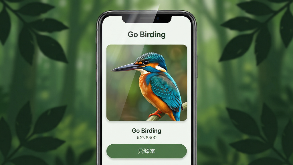 主体:Go Birding应用界面展示,手机屏幕上有鸟类识别结果页面,显示一只色彩鲜艳的翠鸟和其名称信息。布局:手机居中,背景为模糊的森林绿色,周围有树叶剪影。排版:界面清晰,标题“Go Birding”位于屏幕顶部,下方是鸟类图片和识别按钮。风格:写实与插画结合,色调自然清新。细节:手机屏幕反射微光,鸟类羽毛纹理清晰可见。画质:4K超清,干净,无多余元素。