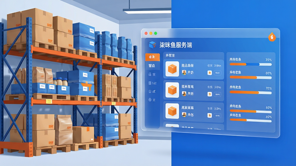 一张展示仓库货架与数字界面结合的创意图像,左侧是实体货物整齐排列的货架,右侧悬浮着透明的“柒咪鱼服务端”库存管理界面窗口,窗口内显示商品列表和库存进度条,色彩以蓝橙为主,构图采用左右分割式,风格为现代商业插画,细节丰富,画质干净,无多余元素