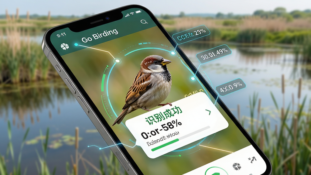 主体:Go Birding的智能识别功能界面,手机屏幕上显示一只麻雀的照片,并弹出识别结果卡片。布局:手机倾斜放置,背景是自然湿地场景。排版:结果卡片上有“识别成功”字样和物种名称,下方有置信度百分比。风格:科技感与自然风结合,色调明亮。细节:识别过程动画线条围绕麻雀,数据标签清晰。画质:高清,干净,无多余元素。