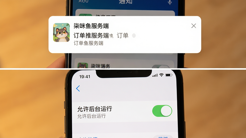 一张上下分屏的手机使用场景图,上半部分显示“柒咪鱼服务端”的订单推送通知横幅,下半部分展示手机系统设置中“允许后台运行”的开关界面,画面以暖色调为主,构图清晰展示操作步骤对比,风格为写实摄影,画质干净,无多余元素