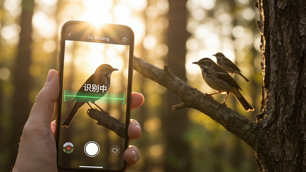 主体:Go Birding应用在手机上的使用场景,用户手持手机对准树上的鸟。布局:手机屏幕显示识别动画,背景是阳光透过树林。排版:屏幕上有“识别中”字样和绿色扫描线。风格:写实摄影风格,暖色调。细节:手机屏幕反射阳光,鸟的轮廓清晰。画质:高清,干净,无多余元素。
