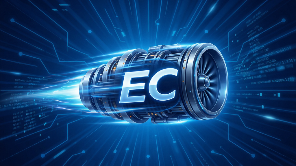主体:EC浏览器极速引擎概念图,画面中央是一个抽象化的光速引擎图标,带有“EC”字样。布局:引擎图标位于视觉中心,背景是放射状的蓝色科技线条和轻量化的数据流。排版:简洁聚焦,突出引擎的强劲动力。风格:科技感插画风,光影效果突出,富有动感。细节:引擎细节精致,光效流畅,背景干净。画质:高清渲染,画质清晰干净,无多余元素。