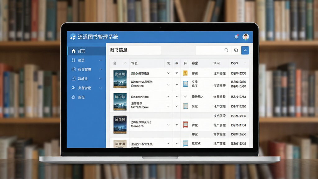 主体:逍遥图书管理系统软件界面展示,一台笔记本电脑屏幕上显示图书列表管理页面,书架背景。布局:左侧为功能导航栏,右侧为图书信息表格。排版:界面整洁,表格行清晰,导航图标简洁。风格:现代扁平化设计,蓝色主调。细节:屏幕中可见“逍遥图书管理系统”标题字样,图书封面缩略图与书名、作者、ISBN号对齐排列。画质:高清,干净,无多余元素。