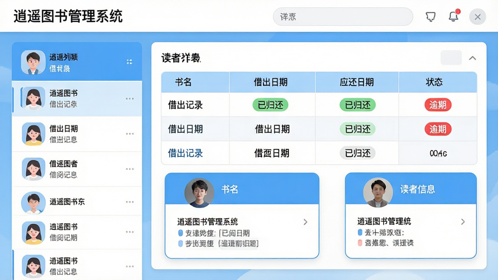 主体:“逍遥图书管理系统”借阅管理界面,显示借出记录表格与读者信息卡片。布局:左侧为读者列表,右侧为借阅详情。排版:表格列包含书名、借出日期、应还日期、状态。风格:清新蓝白配色。细节:状态标签用绿色“已归还”和红色“逾期”区分,读者卡片有头像。画质:干净,无多余元素。