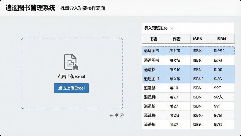 主体:“逍遥图书管理系统”批量导入功能操作界面。布局:界面中央显示拖拽文件区域,右侧为导入预览表格。排版:拖拽区域有虚线边框,表格列出书名、作者、ISBN等列。风格:简洁商务风,浅灰背景。细节:拖拽区有“点击上传Excel”按钮,表格数据高亮显示。画质:清晰,干净,无多余元素。