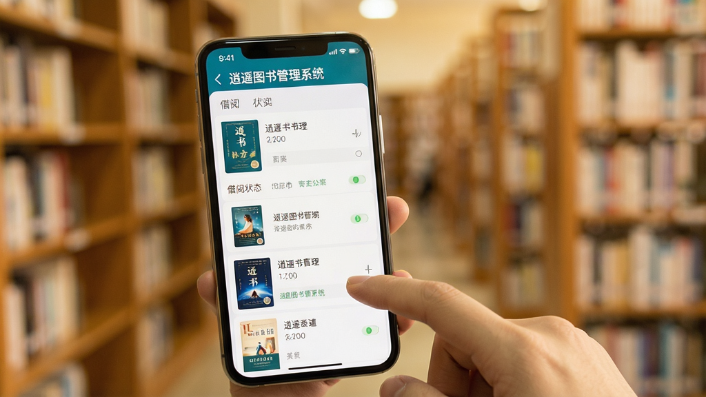 主体:逍遥图书管理系统在手机上的使用场景,手机屏幕显示借阅列表。布局:手机居中,背景为图书馆书架虚化。排版:屏幕内显示图书封面和借阅状态。风格:真实摄影风格,暖色调。细节:手机屏幕上有“逍遥图书管理系统”字样,手指点击操作。画质:高清,干净,无多余元素。