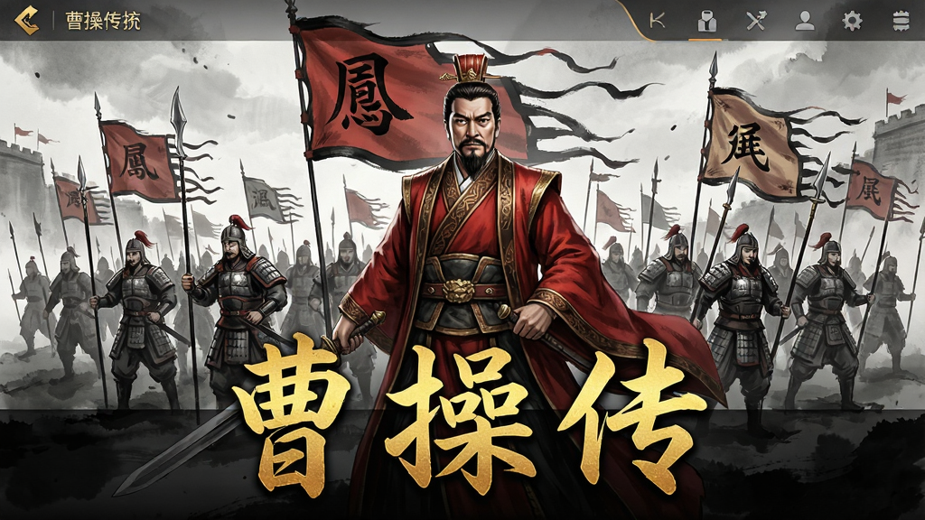 一张以游戏主界面为背景的横版宣传图,画面中央是身着红袍的曹操持剑而立,背后是魏国旗帜与千军万马,界面下方清晰显示“曹操传”三个金色大字,整体风格为古典水墨与现代UI结合,布局大气,排版规整,细节丰富,画质高清,干净无多余元素