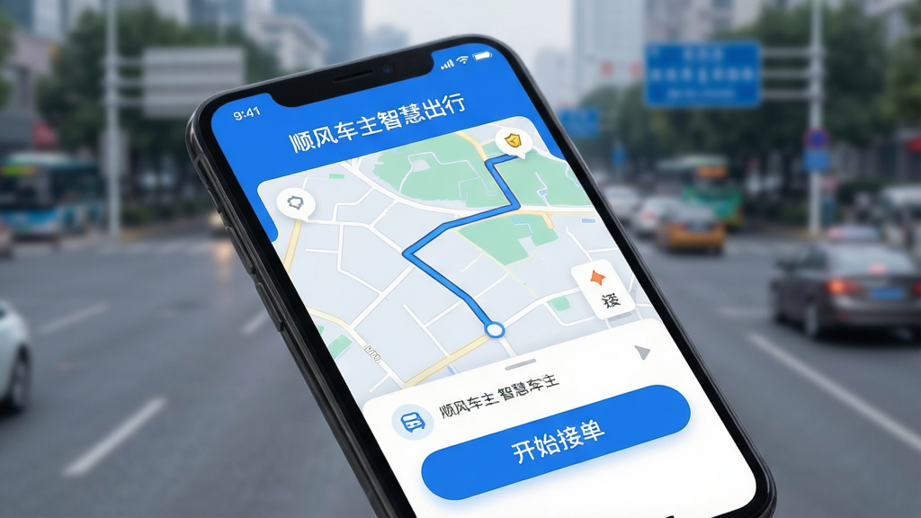 一张智能手机屏幕特写,屏幕中清晰显示“顺风车主智慧出行”APP的主界面,界面风格简洁现代,以蓝色和白色为主色调,地图路线清晰可见,下方有醒目的“开始接单”按钮,手机周围有模糊的城市道路背景,整体布局干净,画质高清,光线柔和,强调APP的实用性和科技感,无多余元素