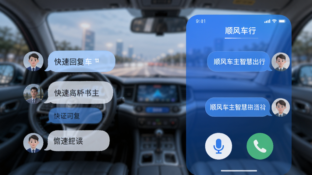 展示“顺风车主智慧出行”APP的对话界面,左侧是车主的快捷回复短语气泡,右侧是乘客的回复,界面下方有麦克风和拨号图标,整体UI设计圆润,以蓝色渐变为主,背景虚化,突出沟通的便捷性,画质清晰,充满现代感,无多余元素