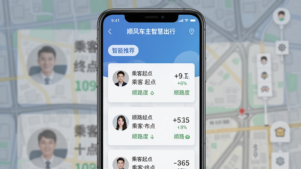 手机APP“顺风车主智慧出行”的订单推荐列表页面,列表顶部有“智能推荐”标签,下方清晰展示几位乘客的起点、终点和顺路度百分比,界面采用卡片式设计,信息层次分明,背景为模糊的街道地图,整体风格清爽,画质细腻,突显智能筛选功能,文字标注清晰可读,无多余装饰