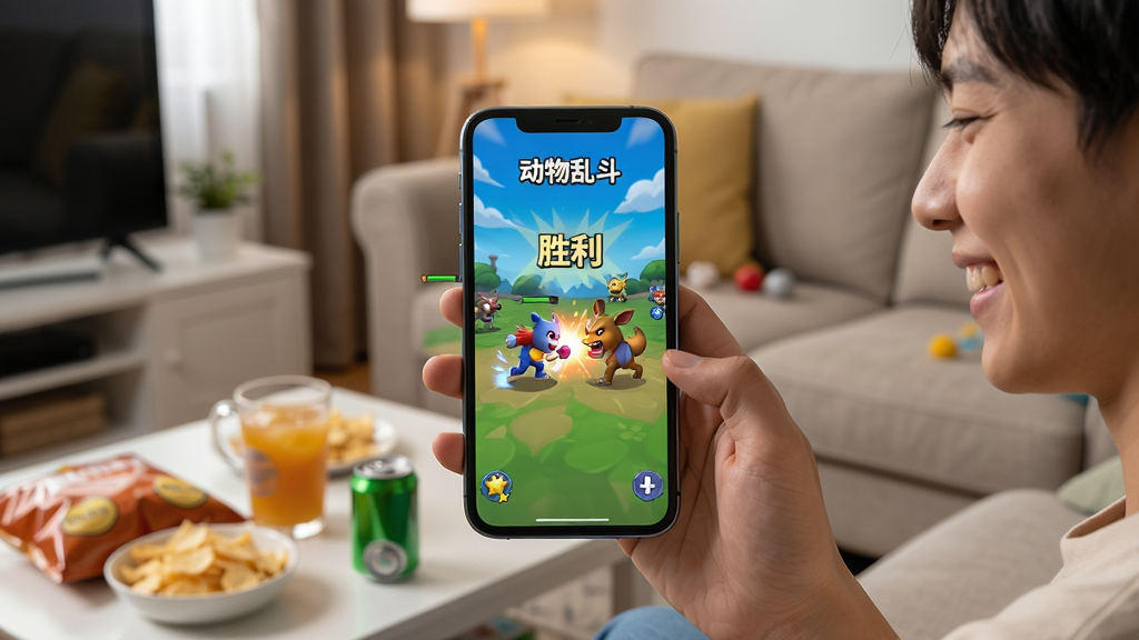 主体:玩家手持手机在玩《动物乱斗》游戏,手机屏幕显示游戏画面,背景是舒适的客厅。布局:手机居中,屏幕朝向观众,周围有零食和饮料。排版:手机屏幕清晰显示角色战斗场景。风格:写实生活照风格,温馨。细节:屏幕上有“胜利”字样,玩家表情开心。画质:高清,干净,无多余元素。