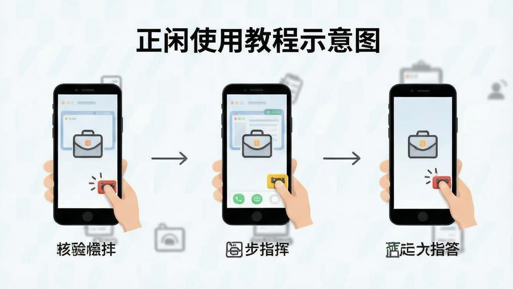 正闲使用教程示意图,展示手机操作步骤,逐步指引,简洁图标,浅色背景,画面干净,无多余文字