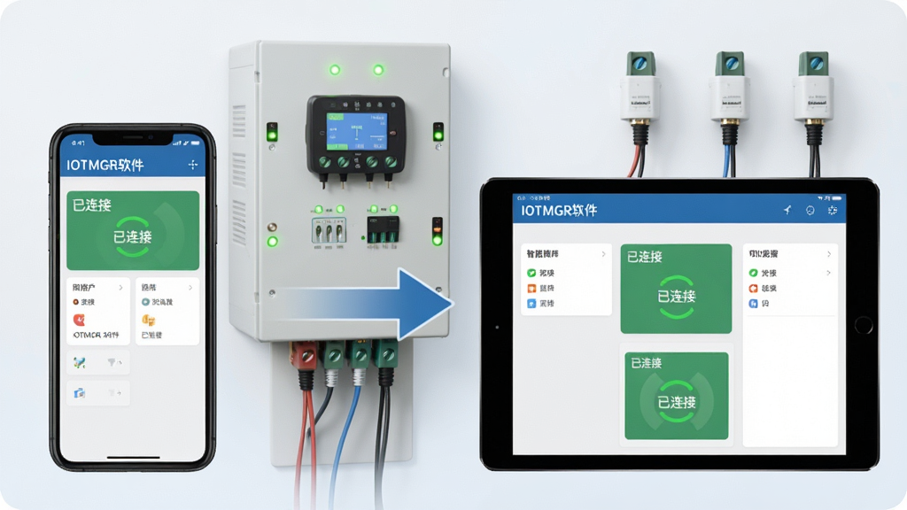 主体:IOTMGR软件在手机与平板电脑上同时运行的对比画面,背景为智能灌溉控制柜与传感器节点。布局:左侧为手机竖屏界面,右侧为平板横屏界面,中间用箭头示意数据同步。排版:界面元素清晰,功能模块布局合理。风格:清爽科技风,浅色背景。细节:设备指示灯闪烁,屏幕显示“已连接”状态;画质干净,无多余元素。