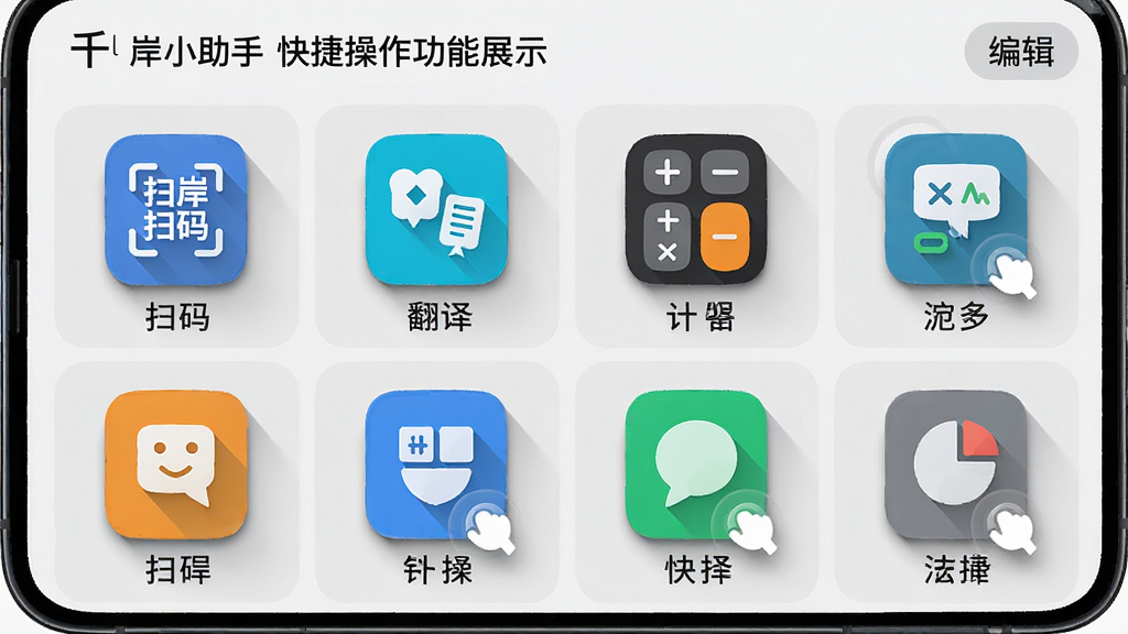 主体:千岸小助手快捷操作功能展示。布局:手机屏幕被划分为多个功能区块,每个区块展示一个快捷工具图标,如扫码、翻译、计算器等。排版:采用网格布局,图标下方配有文字标签,右上角有“编辑”按钮。风格:简洁商务风,背景为浅灰色,图标色彩鲜明。细节:每个图标都有阴影效果,点击时会有高亮反馈,整体界面直观易用。画质:高清,干净,无多余元素。