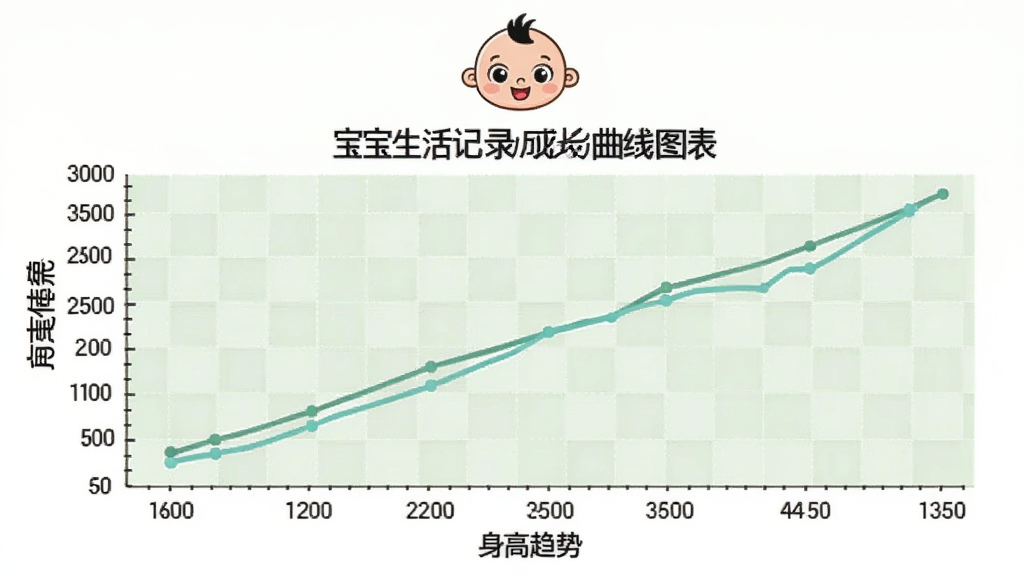 宝宝生活记录成长曲线图表,折线图展示身高体重趋势,坐标轴标注清晰,背景为淡绿色网格,图表上方有宝宝卡通形象,现代简约风格,高画质,无多余元素