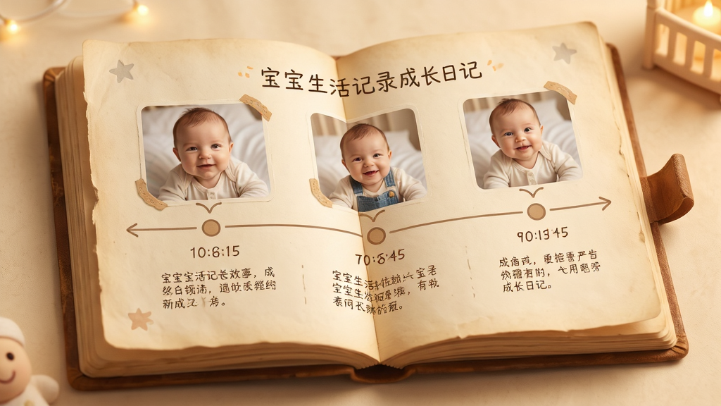 宝宝生活记录成长日记界面,时间轴展示宝宝照片和文字记录,温馨的暖色调,书本翻页设计,高画质,无多余元素