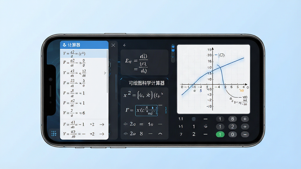 主体:可绘图科学计算器软件在智能手机上运行,屏幕显示函数图像与计算过程。布局:手机居中,屏幕内容清晰可见,背景为简洁的浅蓝色渐变。排版:手机屏幕上的图像与公式排版整齐,左侧为函数列表,右侧为坐标系图像。风格:现代科技感,界面简洁明亮,细节丰富,画质高清。文字:“可绘图科学计算器”字样。画质:干净,无多余元素。
