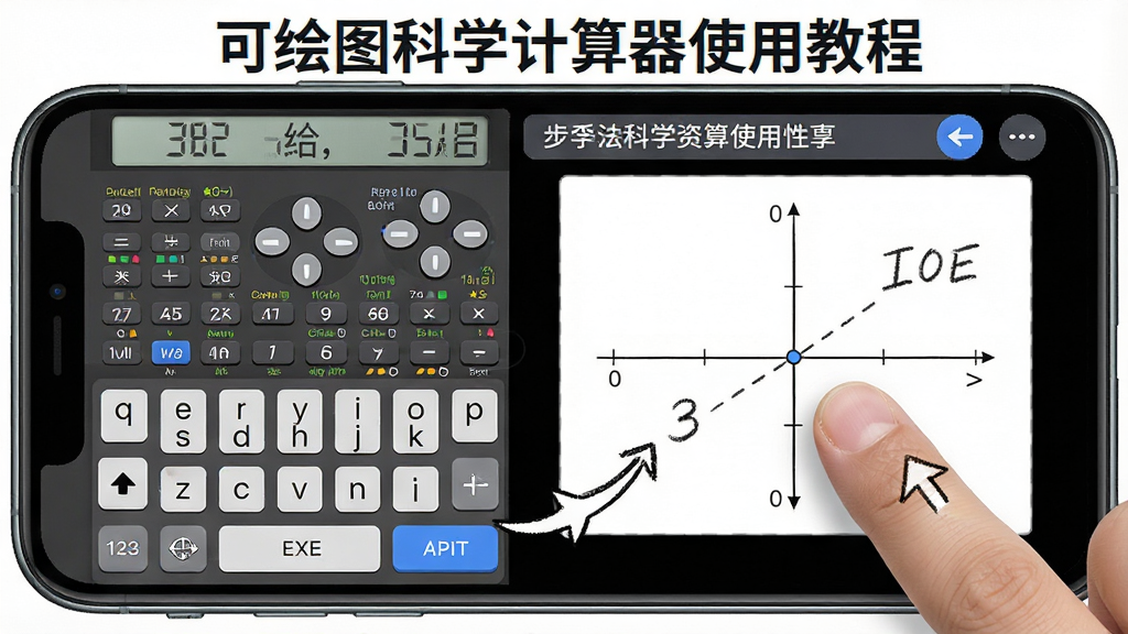 主体:可绘图科学计算器在手机上使用的教程场景,手写输入与图形显示。布局:手机横屏,左侧为输入键盘,右侧为图像,上方有操作提示栏。排版:步骤指示清晰,有箭头标注。风格:教学风格,界面友好。细节:手指点击屏幕的瞬间,图像上出现坐标点。画质:干净,无多余元素。文字:“可绘图科学计算器使用教程”。