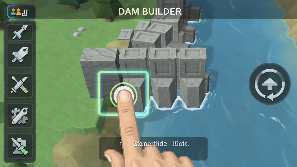 展示Dam Builder游戏操作界面截图,主体是手指点击屏幕放置坝体模块的场景,左侧有工具栏图标,右侧显示视角旋转按钮,布局清晰,风格简洁,细节包含高亮提示框和操作说明文字,画质干净,无多余元素