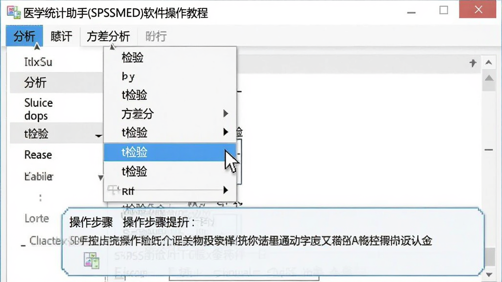 医学统计助手(SPSSMED)软件操作教程截图,展示用户正在点击菜单栏中的“分析”选项,下拉菜单显示“t检验”、“方差分析”等子菜单,鼠标指针指向“t检验”,屏幕下方有操作步骤提示框,整体画面清晰,风格简洁
