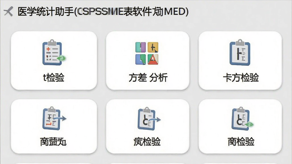 医学统计助手(SPSSMED)软件功能列表界面预览图,屏幕中展示“t检验”、“方差分析”、“卡方检验”等多个功能图标,排列整齐,图标设计简洁明了,界面以浅灰色为背景,功能卡片呈圆角矩形,整体风格清爽,画质清晰干净